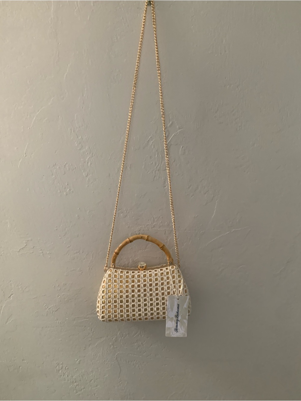 Tommy Bahama GoldCream Woven Clutch Bamboo Handle Gold Chain Strap Kiss Lock NWT - Picture 2 of 10